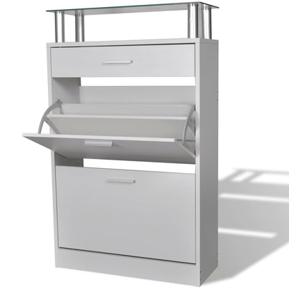 Shoe rack with drawer and glass shelf above in white wood