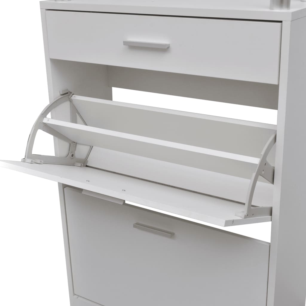 Shoe rack with drawer and glass shelf above in white wood