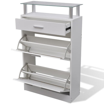 Shoe rack with drawer and glass shelf above in white wood