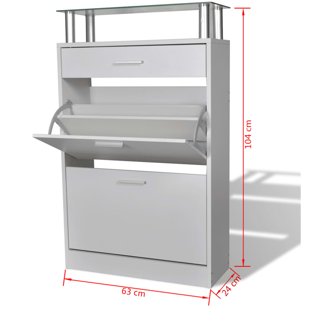 Shoe rack with drawer and glass shelf above in white wood