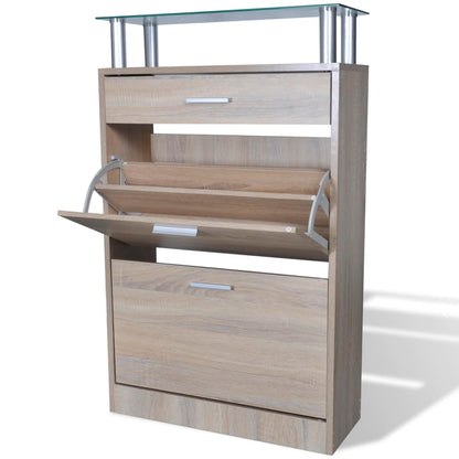 Shoe rack with 1 drawer and glass shelf above in oak wood