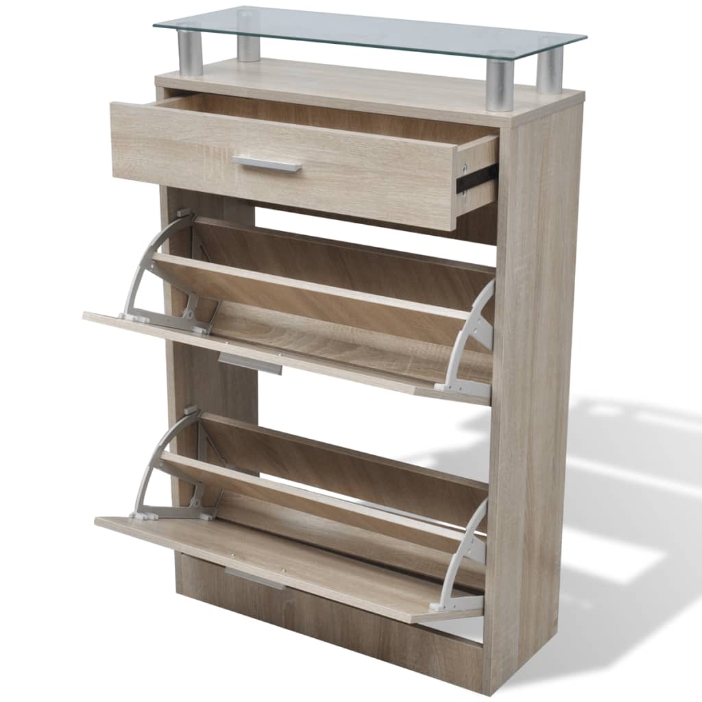 Shoe rack with 1 drawer and glass shelf above in oak wood