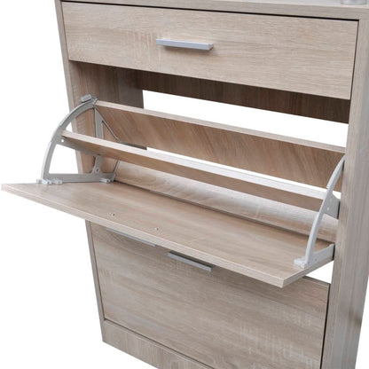 Shoe rack with 1 drawer and glass shelf above in oak wood