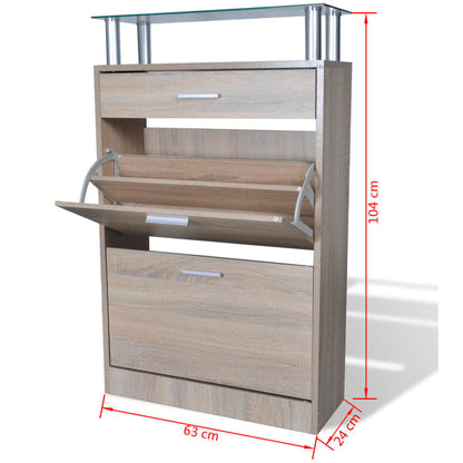 Shoe rack with 1 drawer and glass shelf above in oak wood