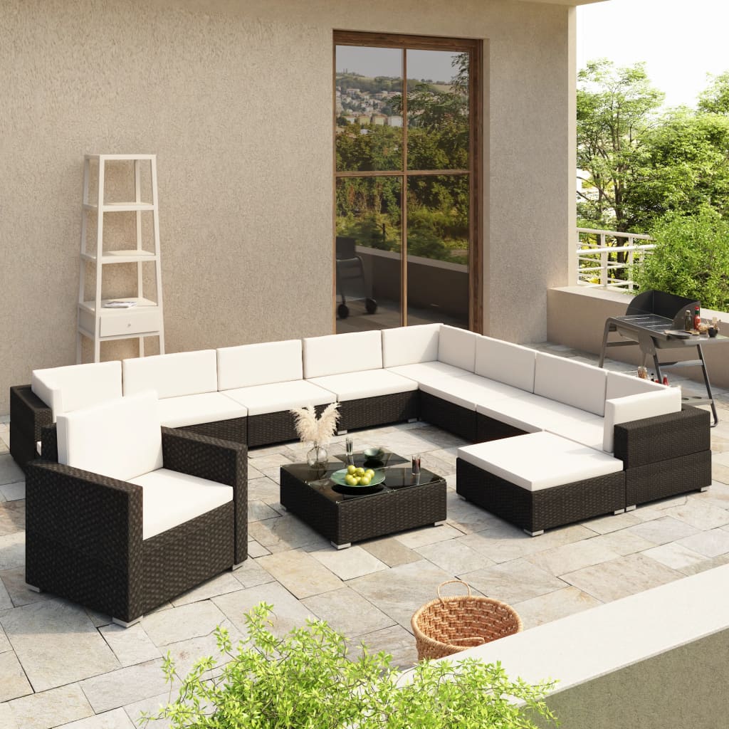 Set Divani da Giardino 12 pz con Cuscini in Polyrattan Nero - homemem39