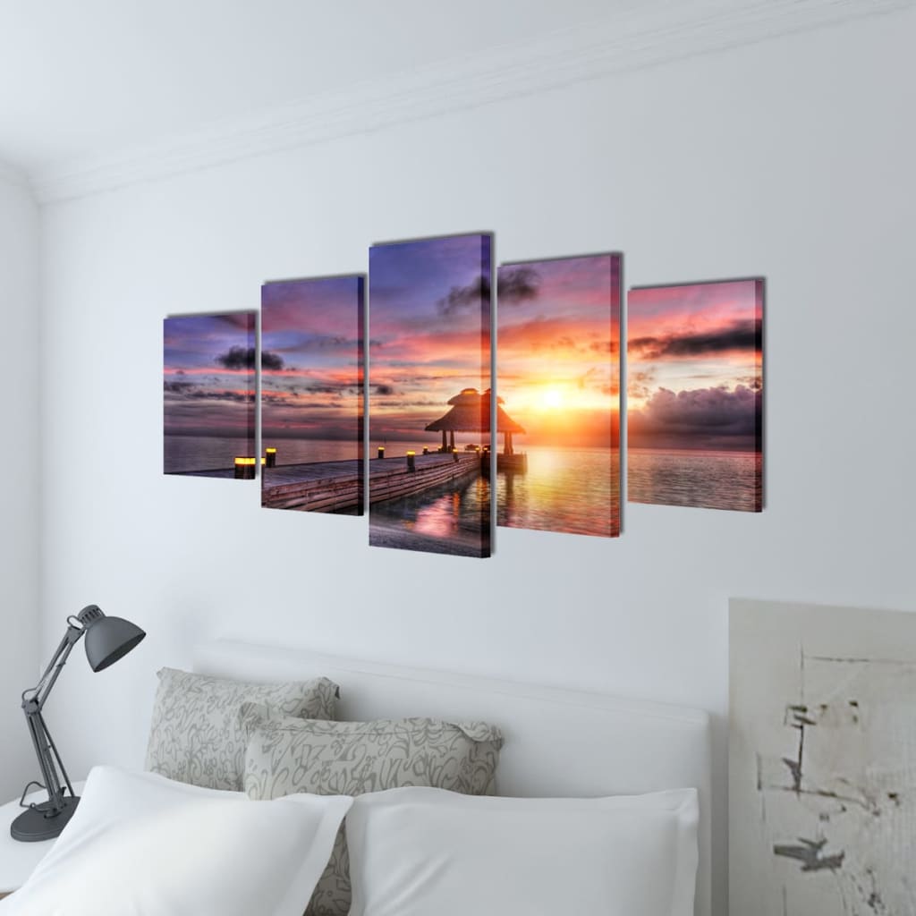 5 pz Set Stampa su Tela da Muro Spiaggia con Padiglione 100 x 50 cm - homemem39