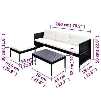 Set Divani da Giardino 3 pz con Cuscini in Polyrattan Nero