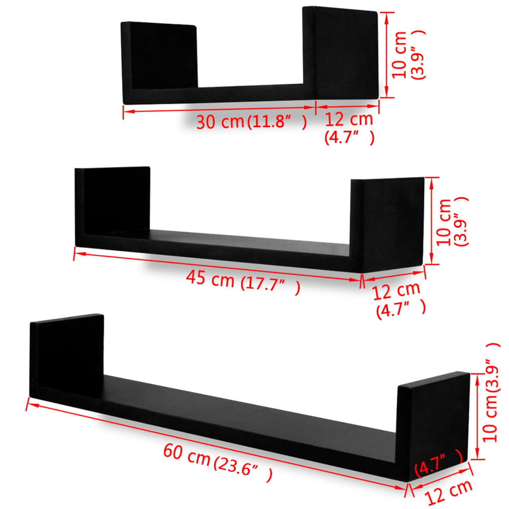 Mensole a Parete 3 pz Nere in MDF a U per Libri/DVD | homemem39