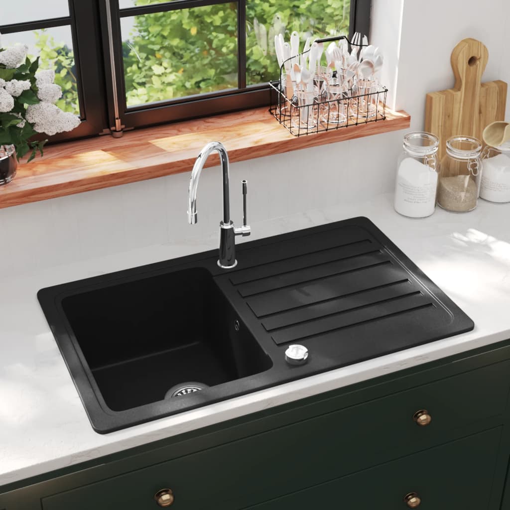 Lavandino Cucina Granito Singolo Scolapiatti Reversibile Nero | homemem39