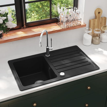 Lavandino Cucina Granito Singolo Scolapiatti Reversibile Nero - homemem39