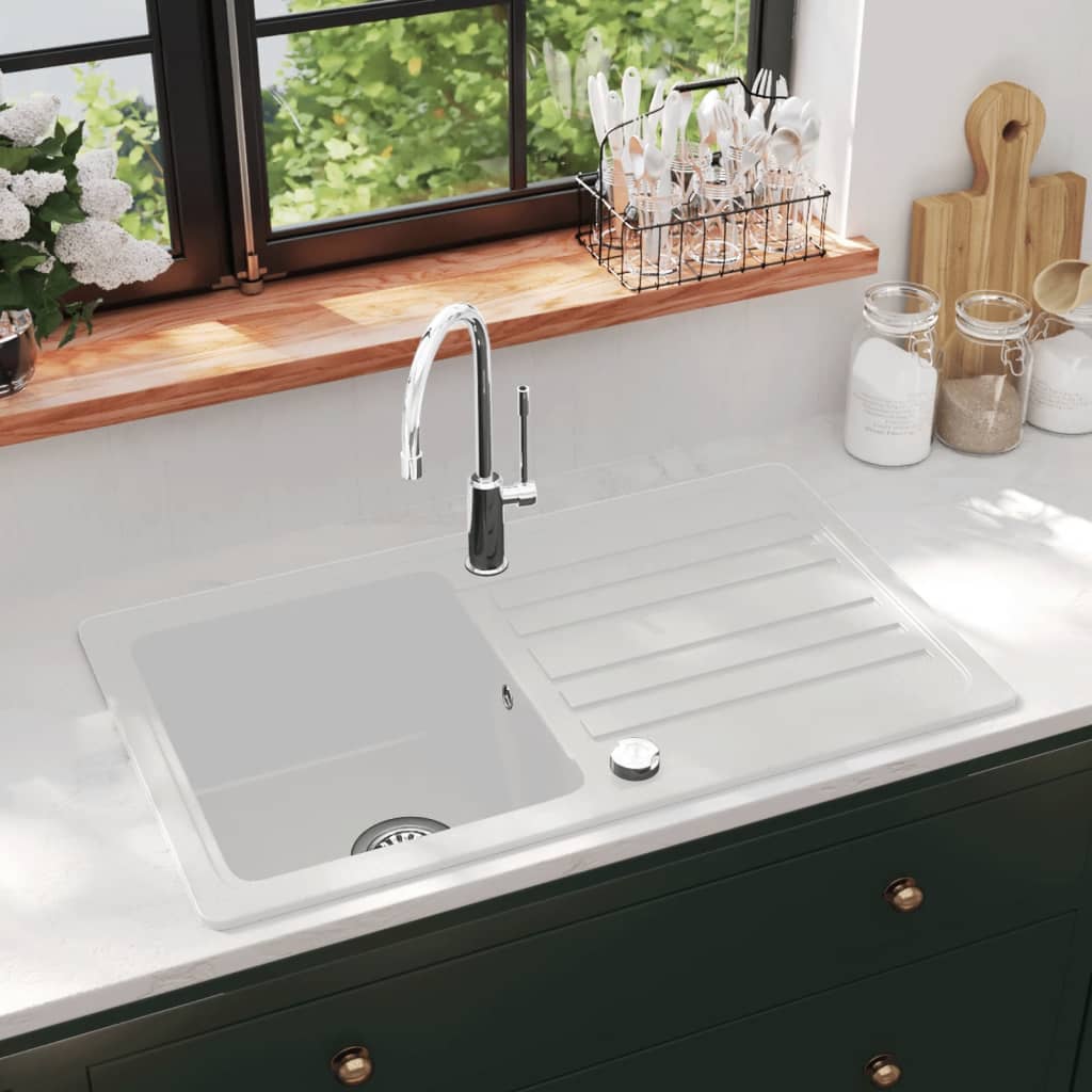 Lavandino cucina granito lavello singolo scolapiatti reversibile bianco | homemem39