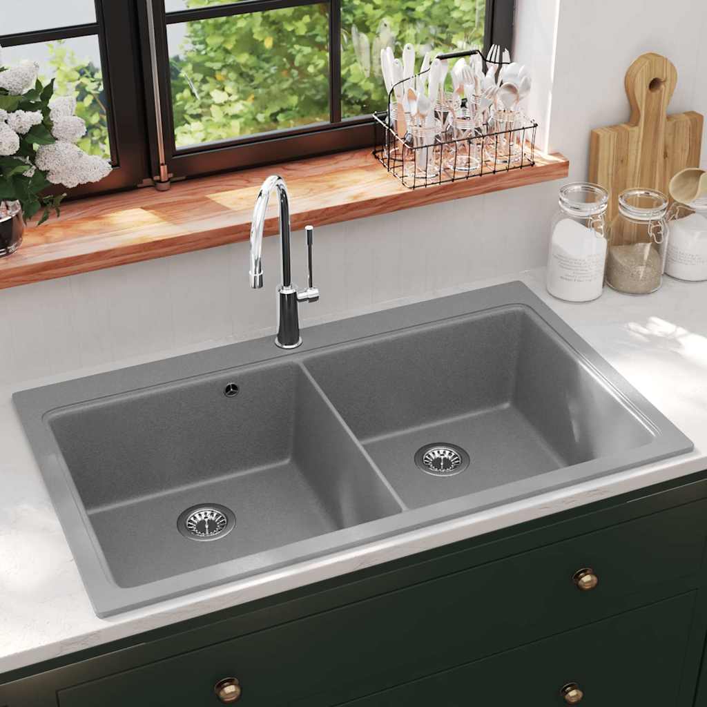 Lavandino cucina granito grigio lavello doppio con montaggio sopra | homemem39
