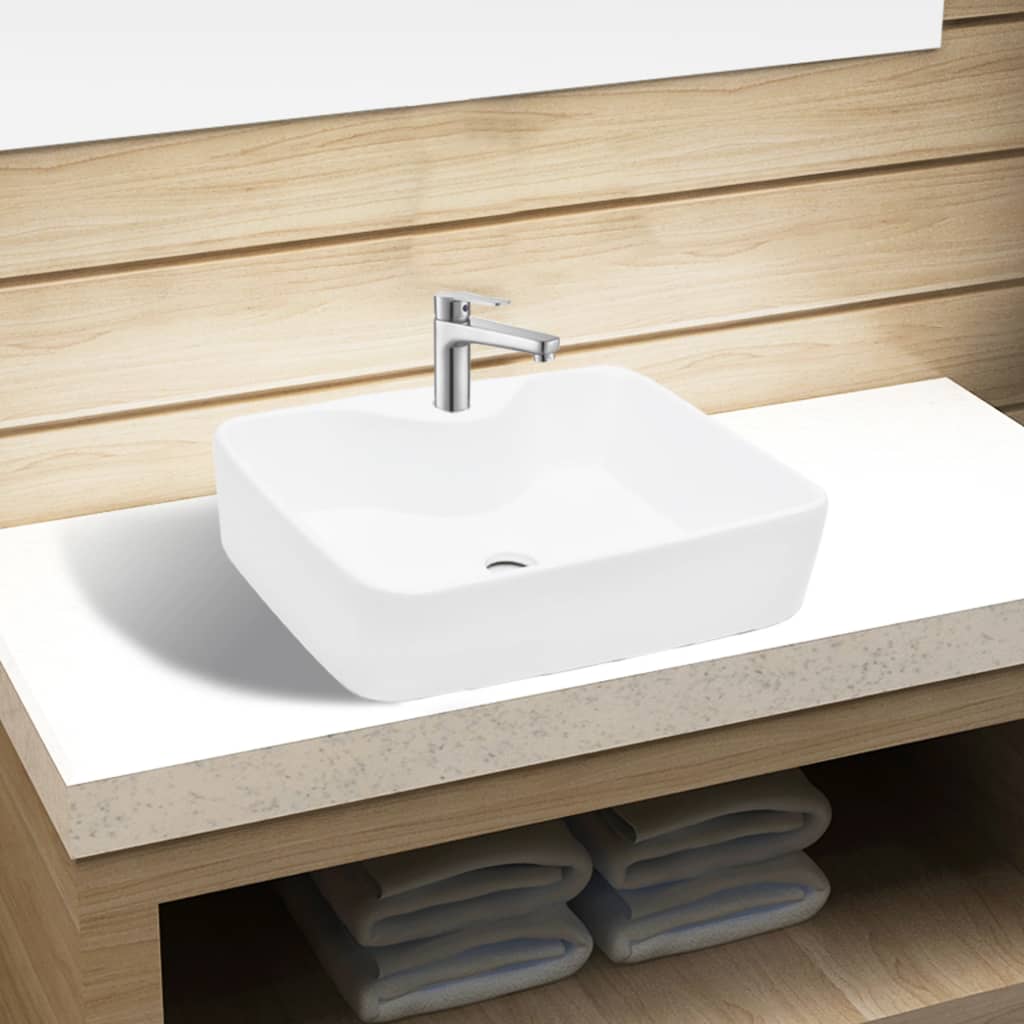 Lavandino Bagno in Ceramica Bianca Quadrato con Foro per Rubinetto