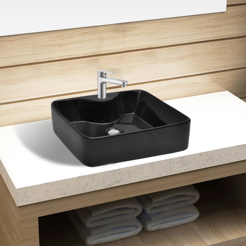 Lavandino Bagno in Ceramica Nera Quadrato con Foro per Rubinetto