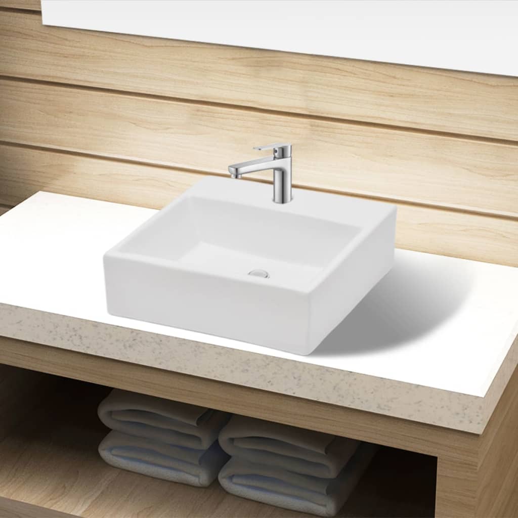 Lavandino Bagno in Ceramica Bianca Quadrato con Foro Rubinetto | homemem39