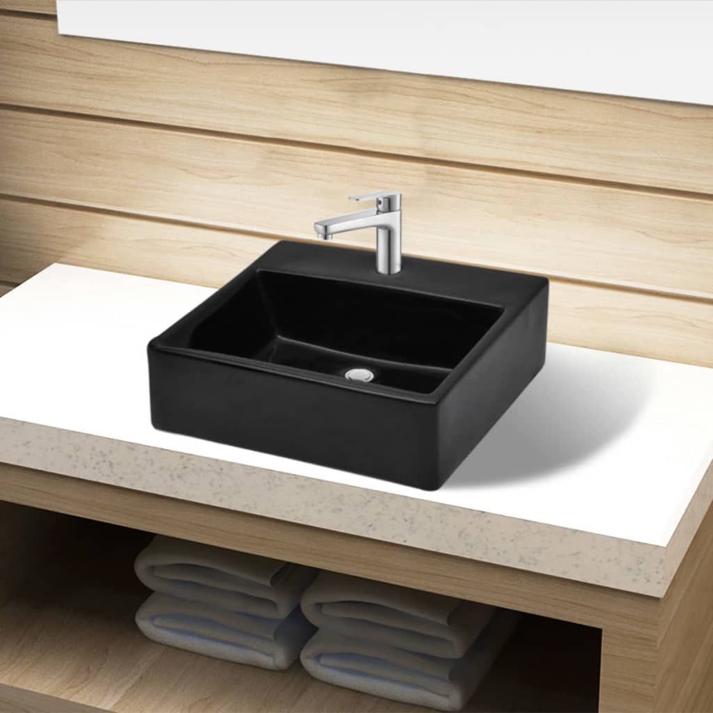 Lavandino Bagno in Ceramica Nera Quadrato con Foro per Rubinetto | homemem39