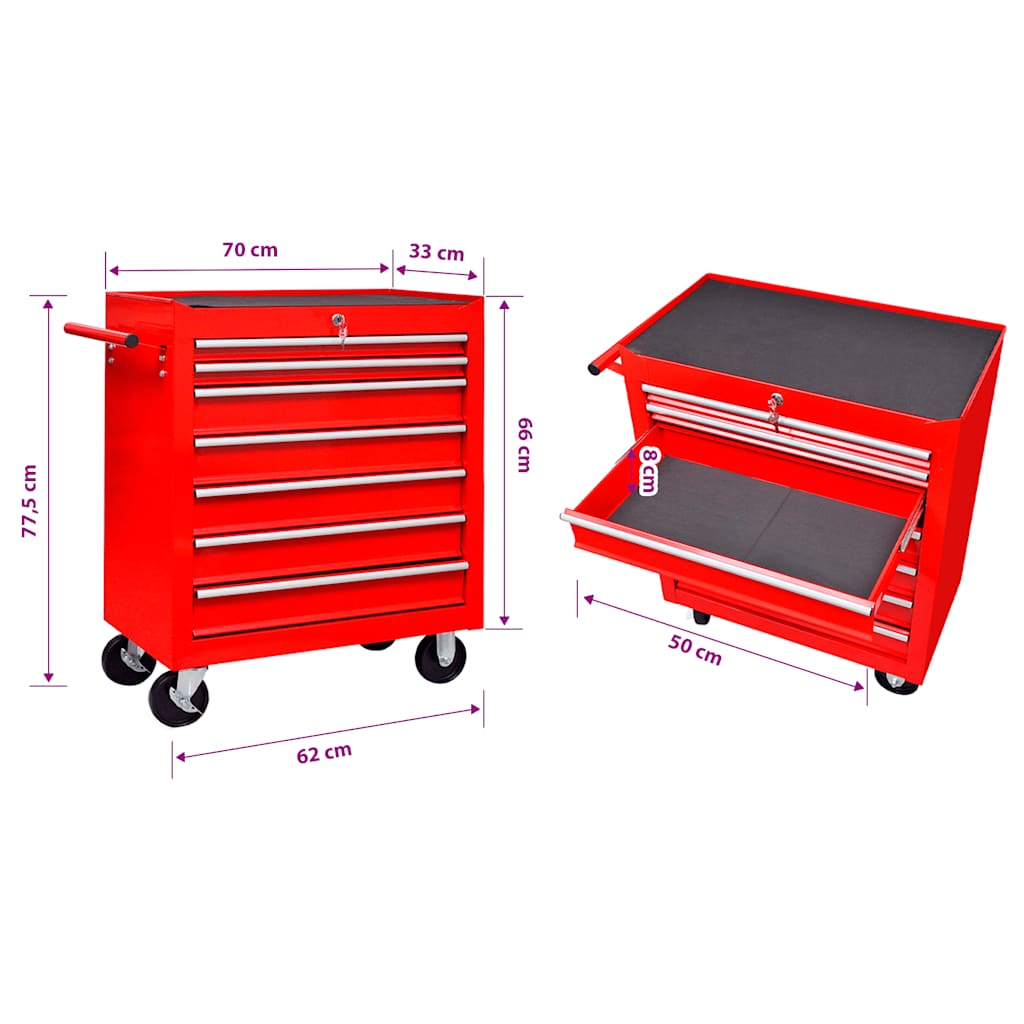Carrello Portautensili con 7 Cassetti Rosso per Garage | homemem39
