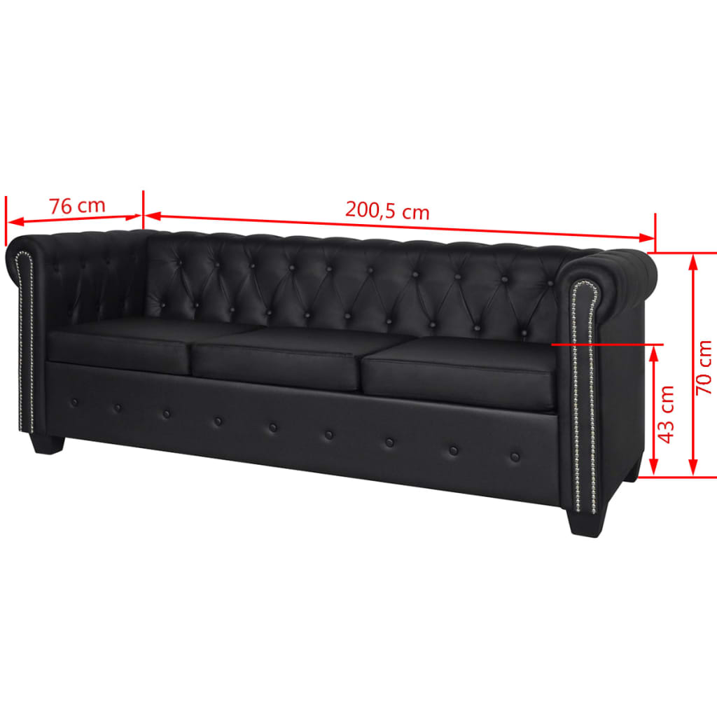 Divano Chesterfield a 3 Posti in Finta Pelle Nero