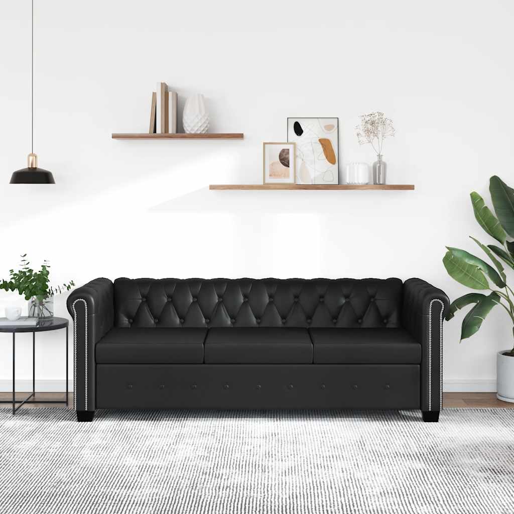 Divano Chesterfield a 3 Posti in Finta Pelle Nero
