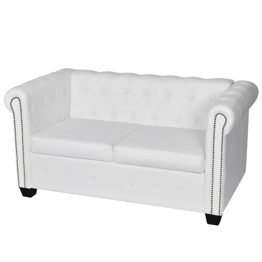 2-Sitzer-Chesterfield-Sofa aus weißem Kunstleder