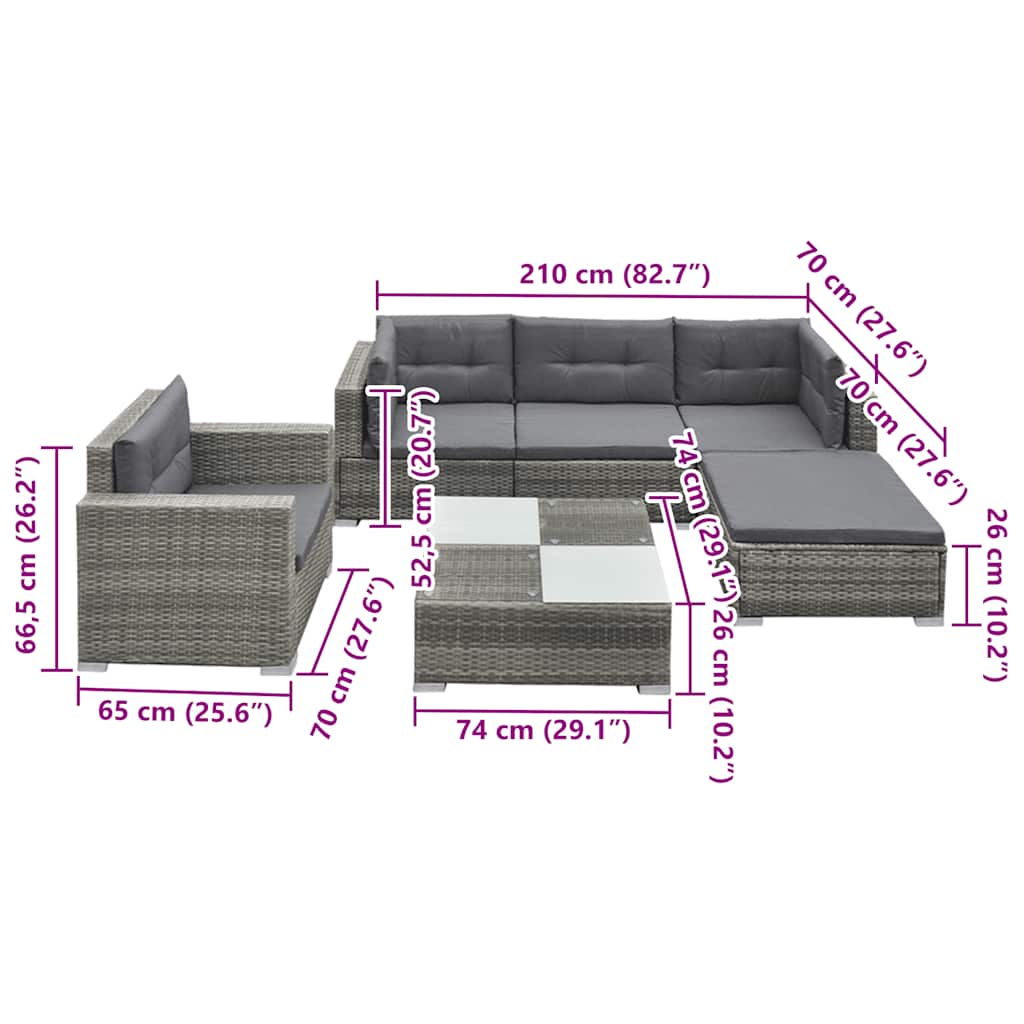 Set Divani da Giardino 6 pz con Cuscini in Polyrattan Grigio - homemem39