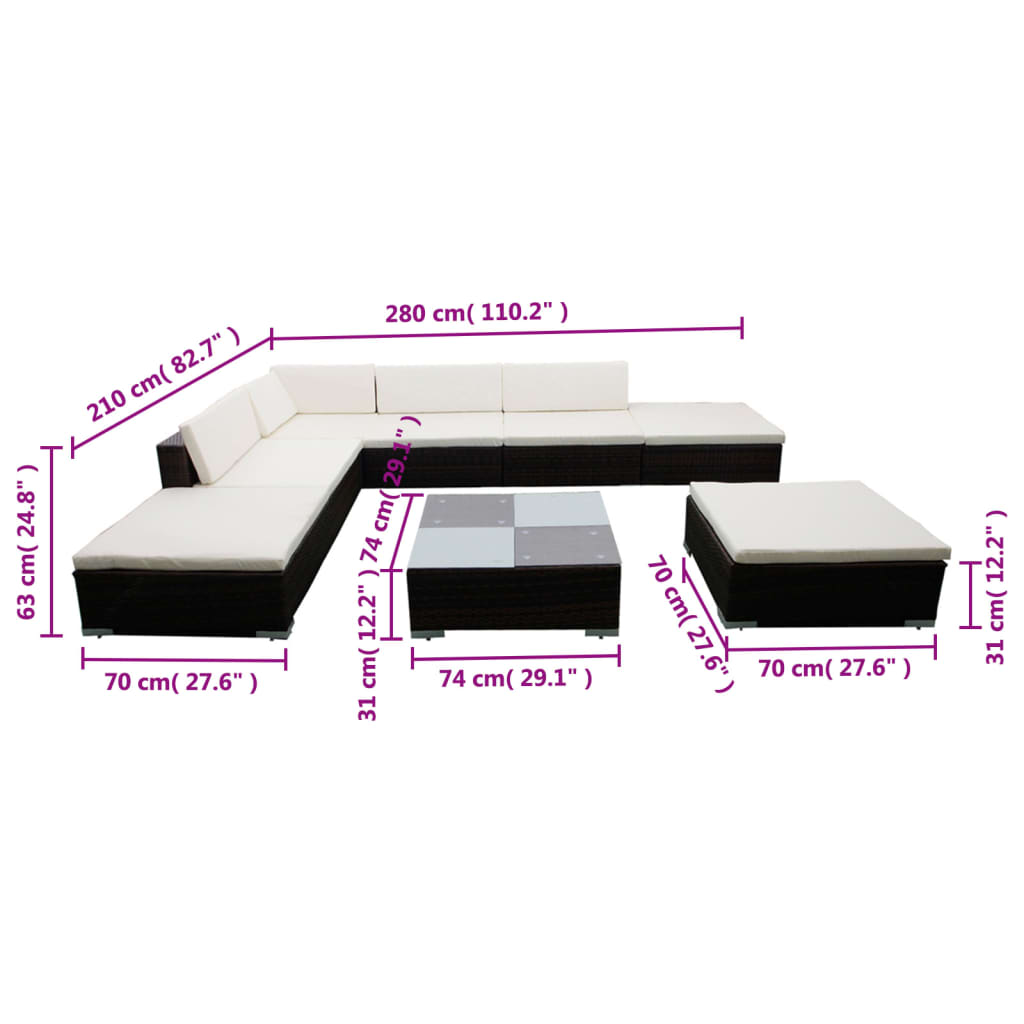 Set Divani da Giardino 8 pz con Cuscini in Polyrattan Marrone | homemem39