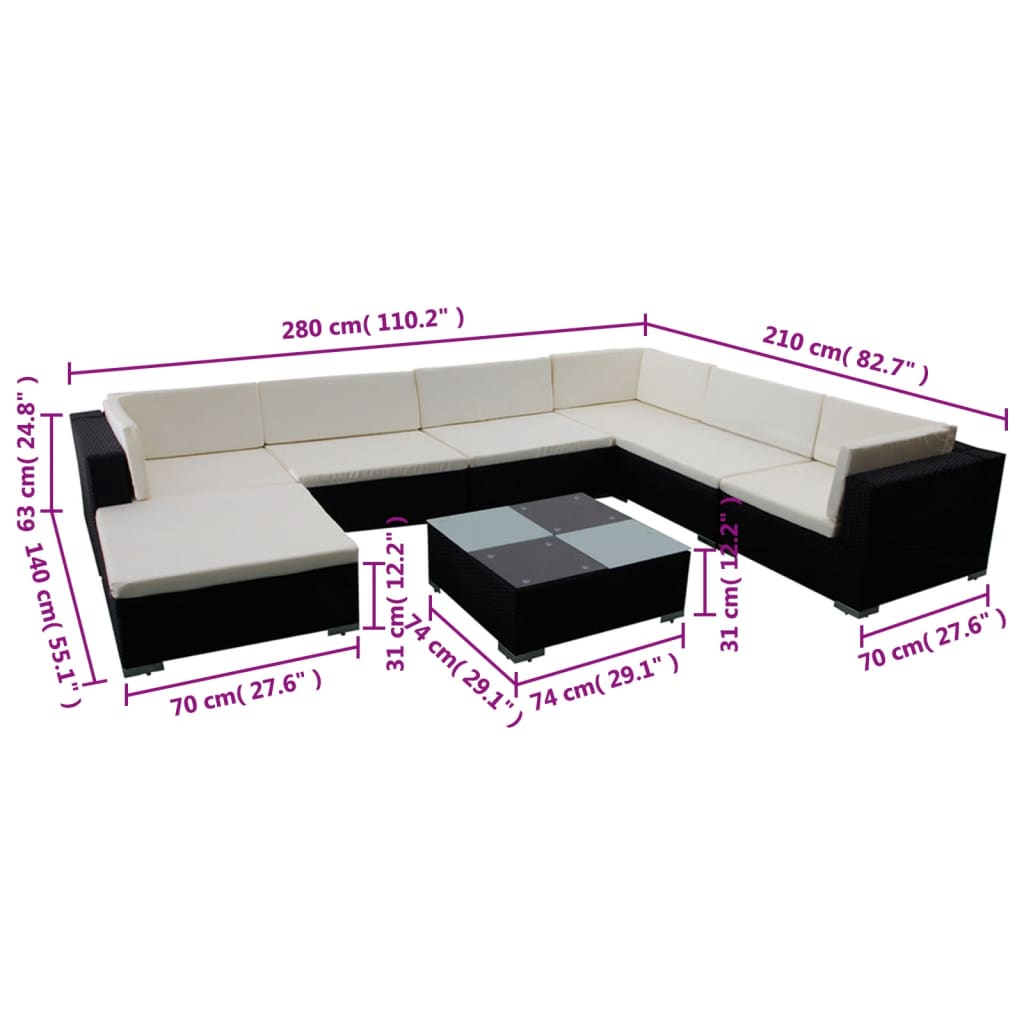 Set Mobili da Giardino con Cuscini 8 pz in Polyrattan Nero | homemem39