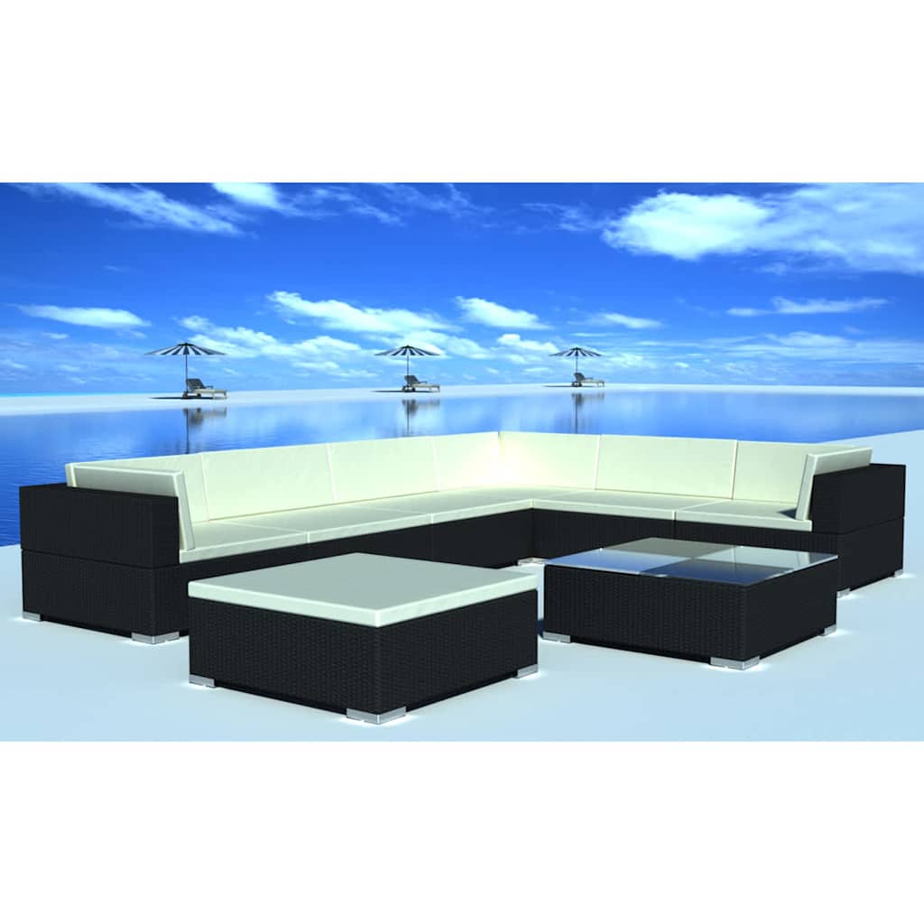 Set Mobili da Giardino con Cuscini 8 pz in Polyrattan Nero | homemem39