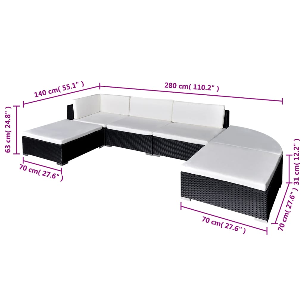Set Mobili da Giardino 6 pz con Cuscini in Polyrattan Nero | homemem39