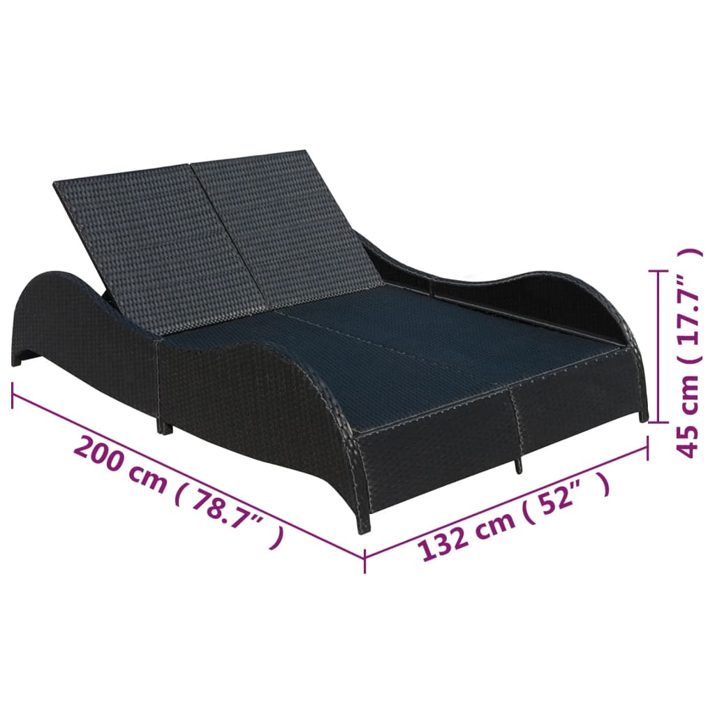 Lettino Prendisole Doppio con Cuscino in Polyrattan Nero - homemem39