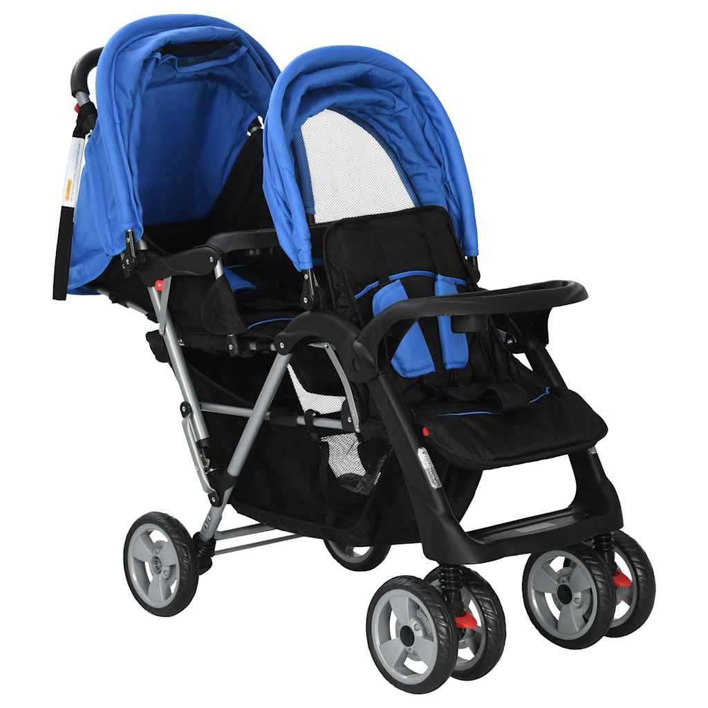Passeggino Gemellare a Tandem in Acciaio Blu e Nero - homemem39