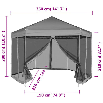 Gazebo Esagonale Pop-Up con 6 Pareti Grigio 3,6x3,1 m