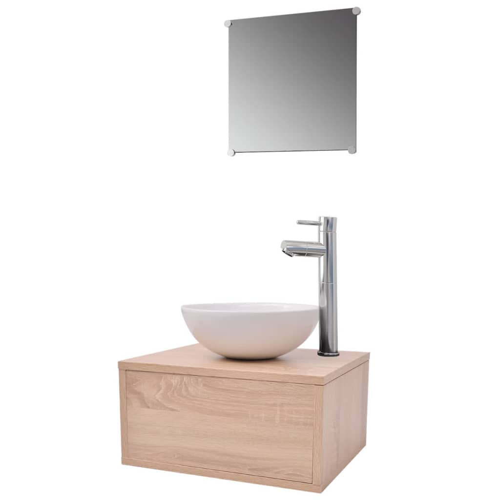 Set Mobili da Bagno 4 pz con Lavabo e Rubinetto Beige | homemem39