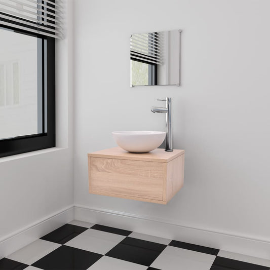 Set Mobili da Bagno 4 pz con Lavabo e Rubinetto Beige | homemem39