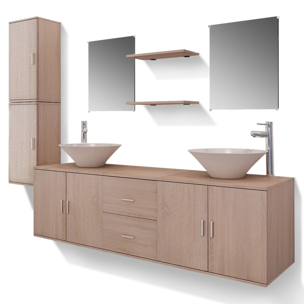 Set Mobili da Bagno 11 pz con Lavabo e Rubinetto Beige | homemem39