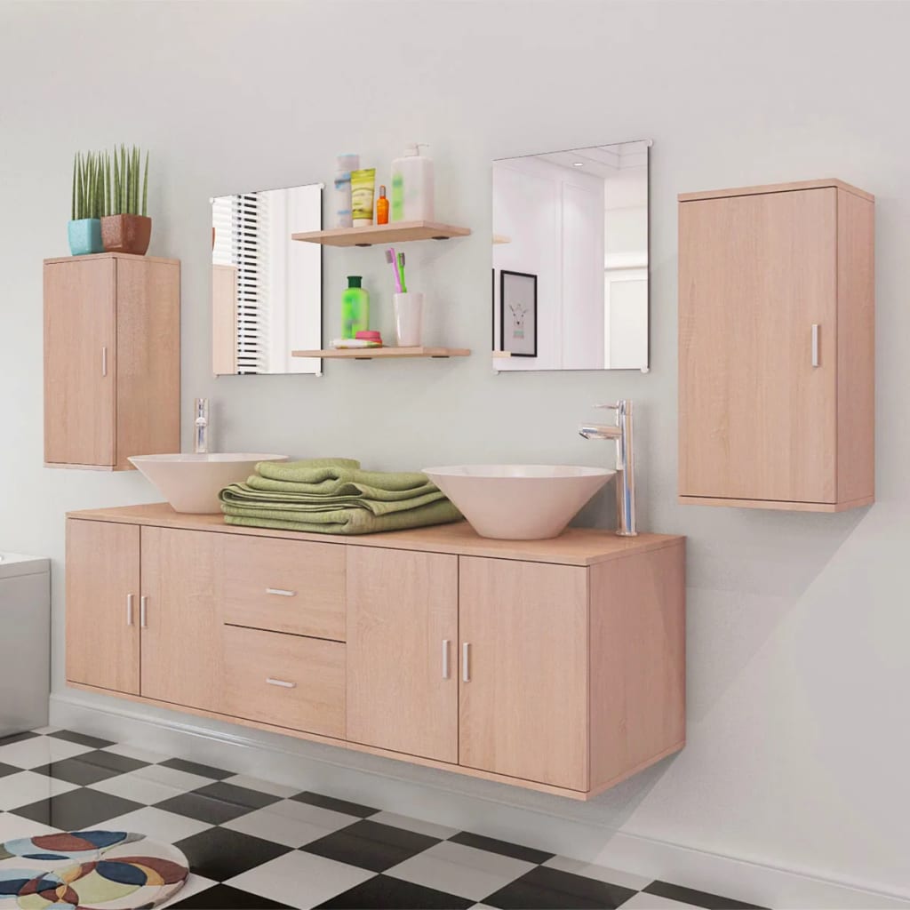 Set Mobili da Bagno 11 pz con Lavabo e Rubinetto Beige | homemem39