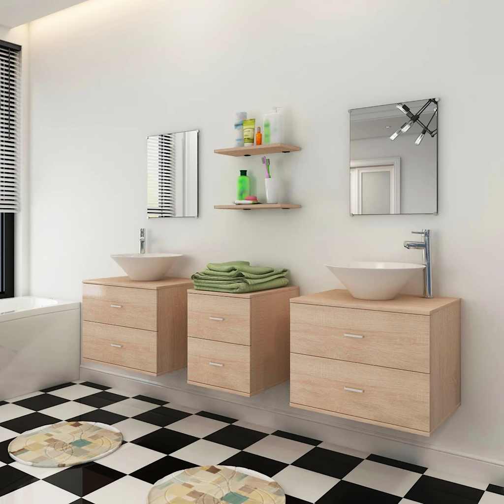Set Mobili da Bagno 9 pz con Lavabo e Rubinetto Beige