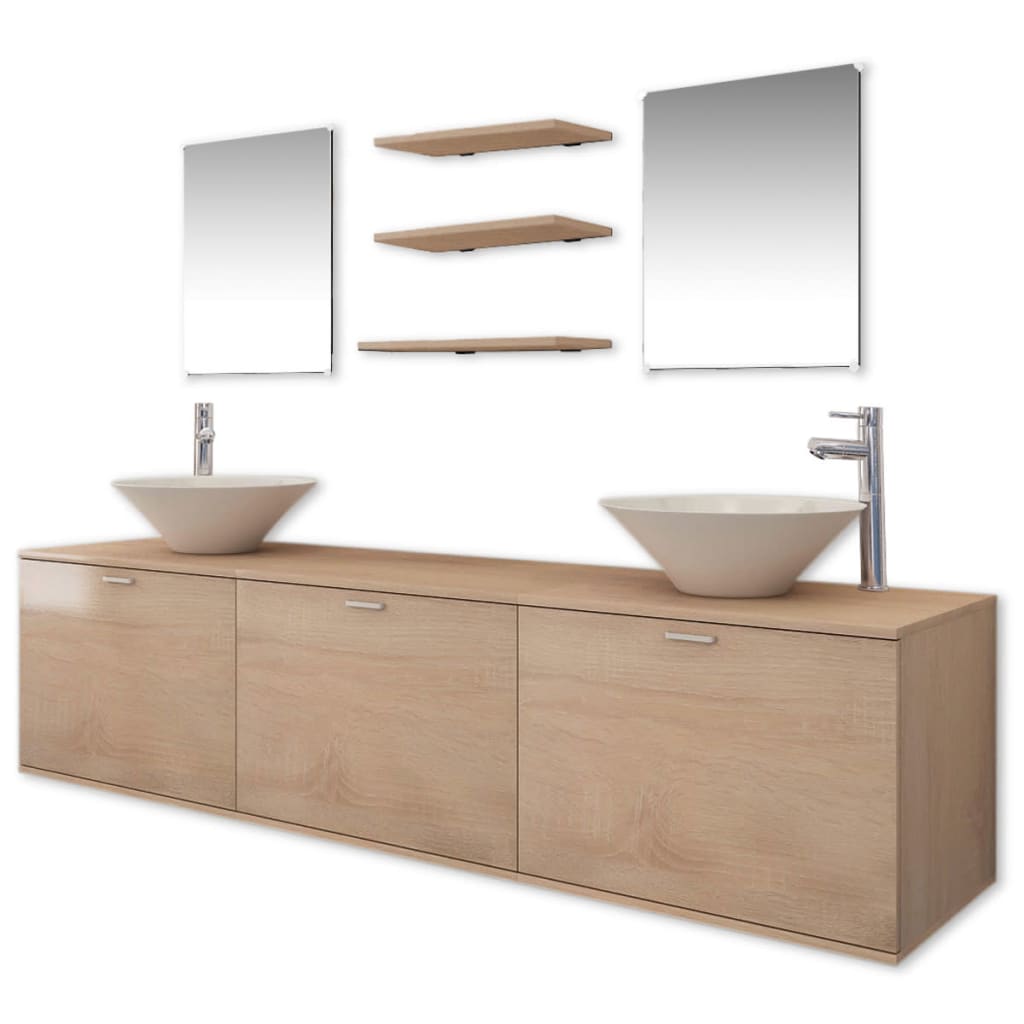 Set Mobili da Bagno 10 pz con Lavabo e Rubinetto Beige | homemem39