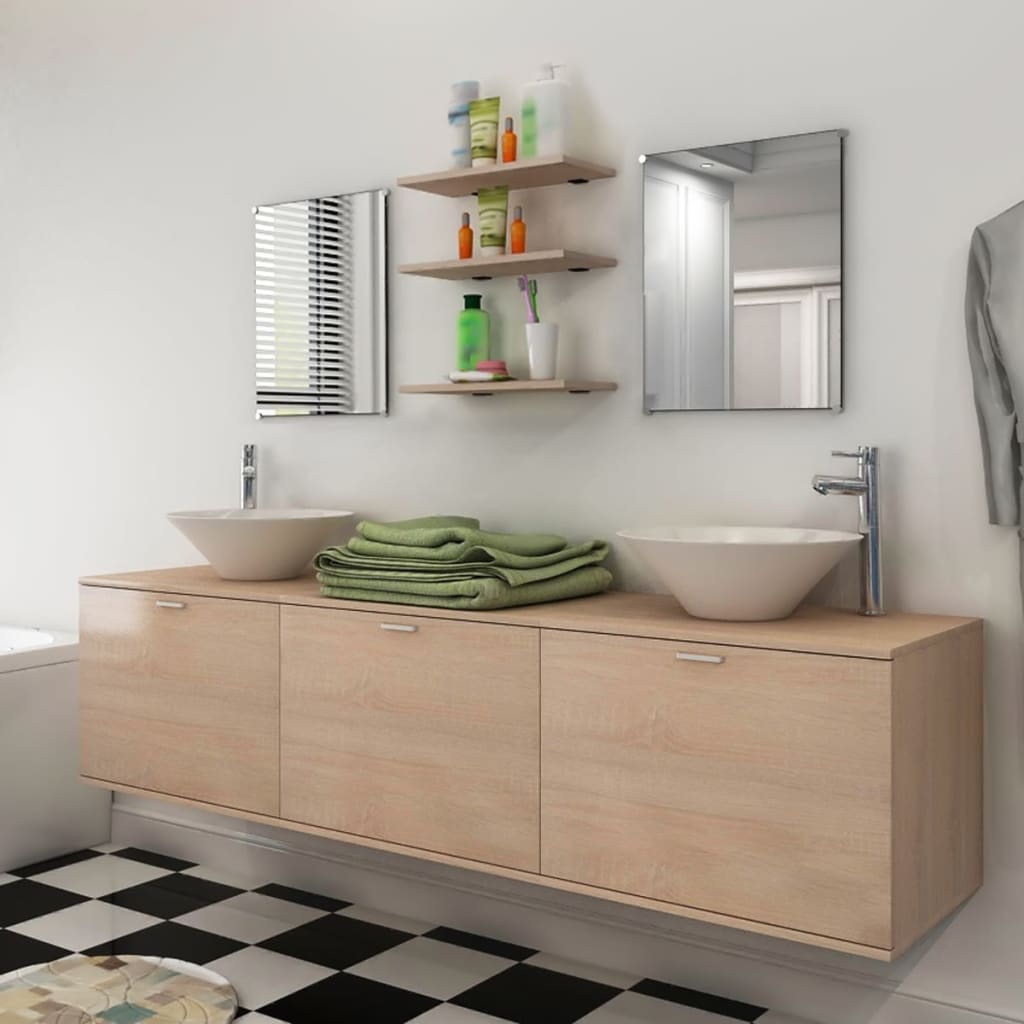 Set Mobili da Bagno 10 pz con Lavabo e Rubinetto Beige | homemem39