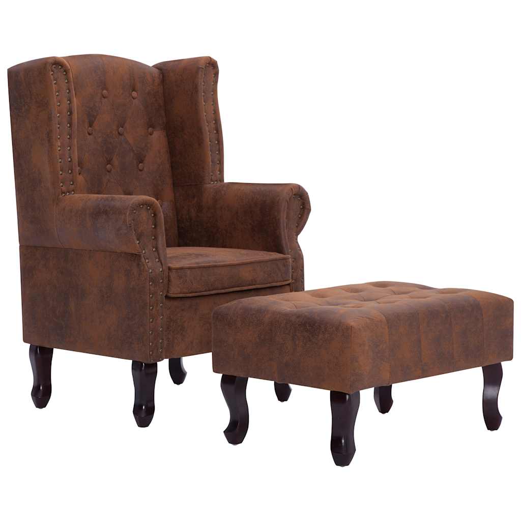 Poltrona Chesterfield Poggiapiedi Marrone Ecopelle Scamosciata | homemem39