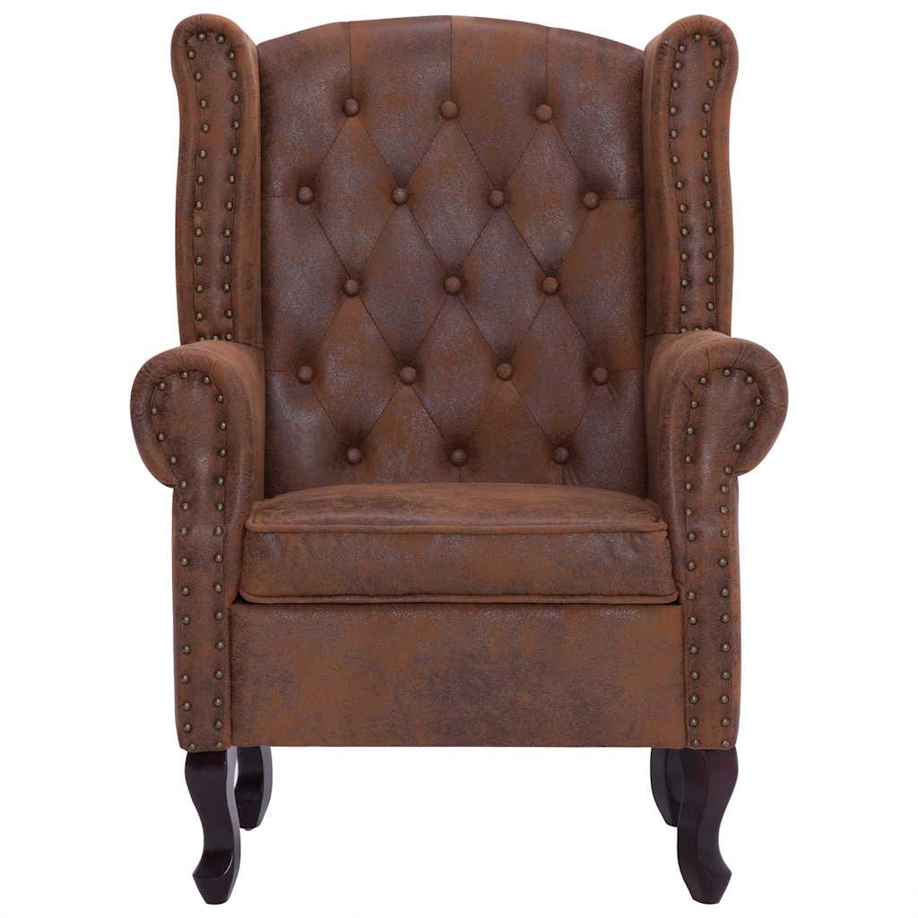 Poltrona Chesterfield Poggiapiedi Marrone Ecopelle Scamosciata