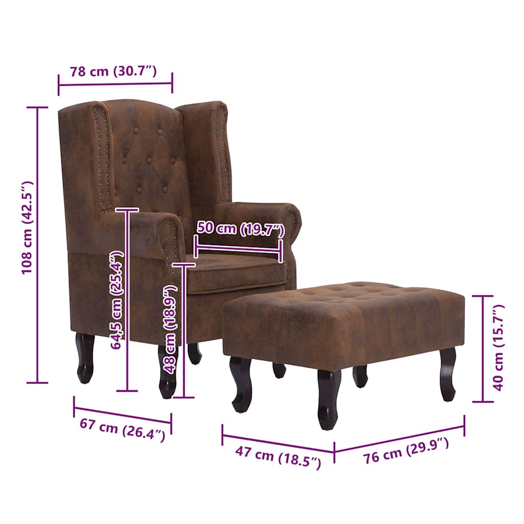 Poltrona Chesterfield Poggiapiedi Marrone Ecopelle Scamosciata | homemem39