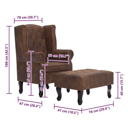 Poltrona Chesterfield Poggiapiedi Marrone Ecopelle Scamosciata - homemem39