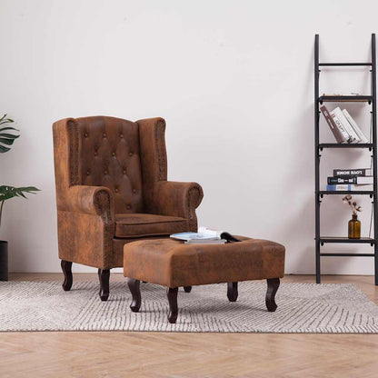 Poltrona Chesterfield Poggiapiedi Marrone Ecopelle Scamosciata | homemem39