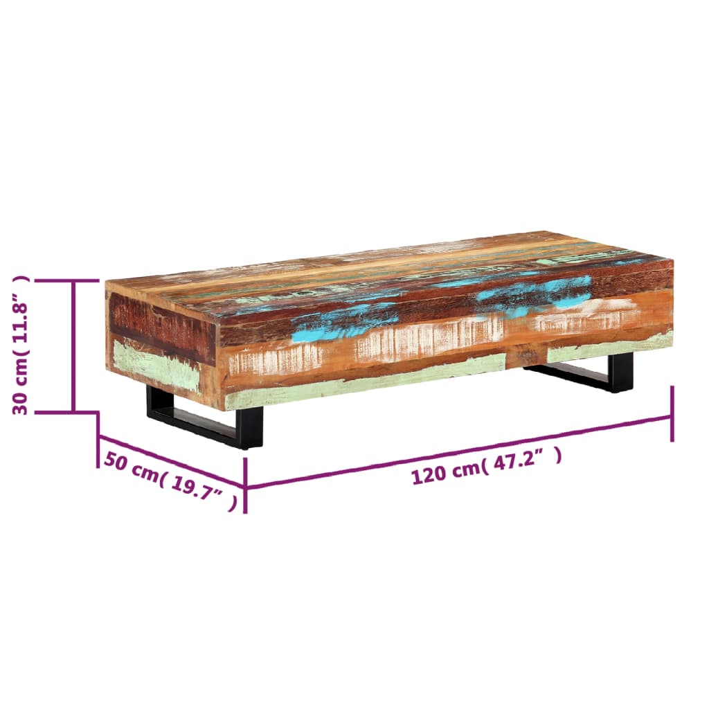 Tavolino da Caffè 120x50x30cm Legno Massello Recuperato Acciaio | homemem39