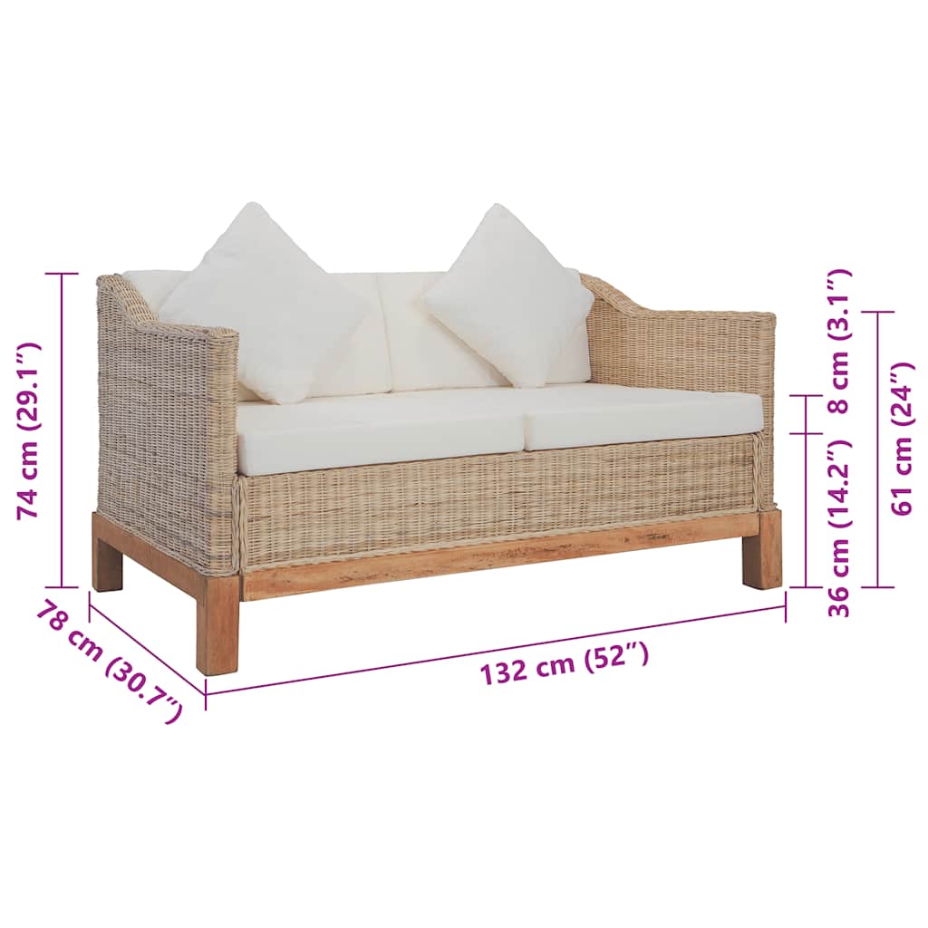 Divano a 2 Posti con Cuscini in Rattan Naturale