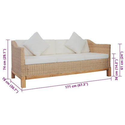 Divano a 3 Posti con Cuscini in Rattan Naturale