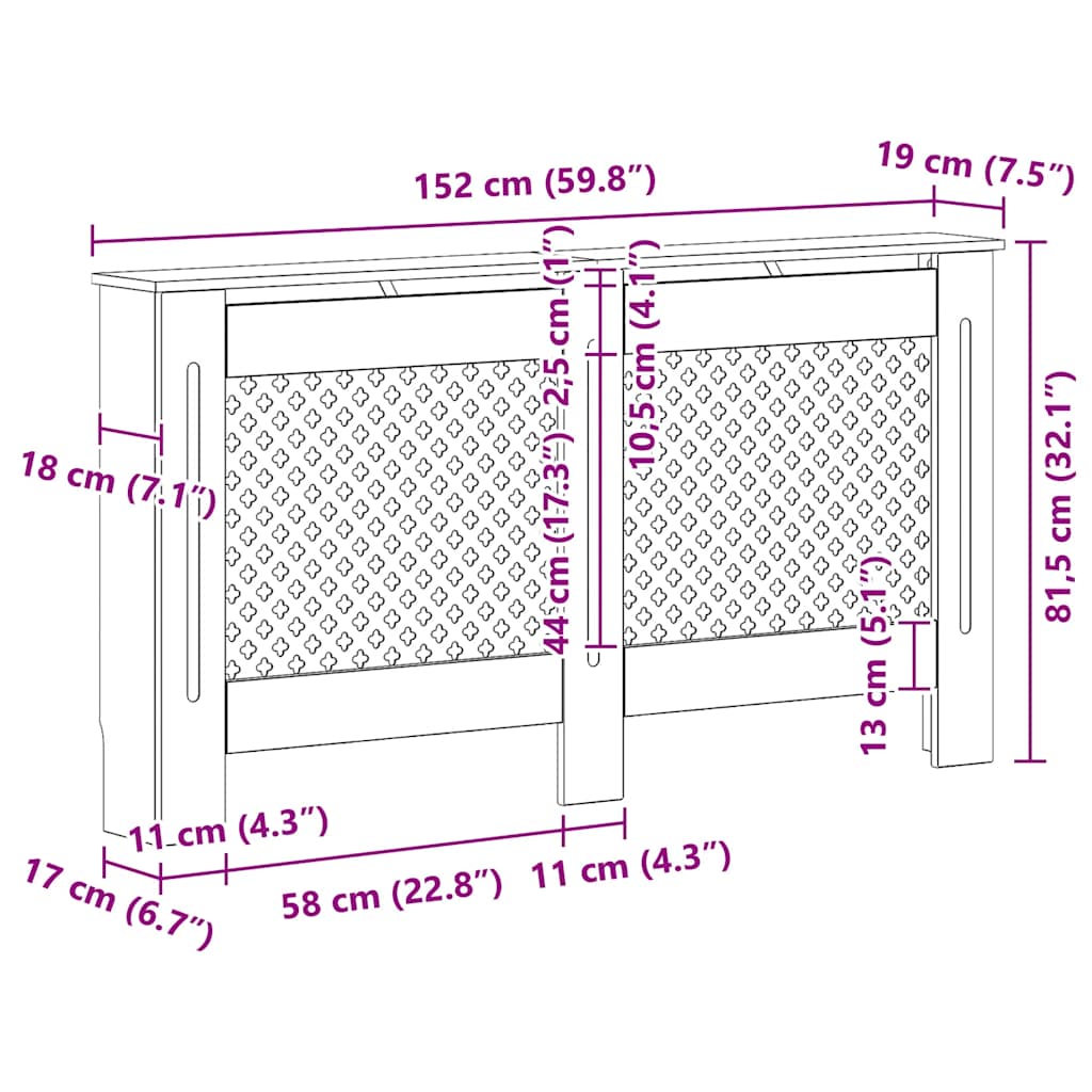White Radiator Cover 152x19x81.5 cm in MDF