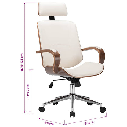 Sedia Girevole con Poggiatesta Crema Similpelle e Legno Curvato