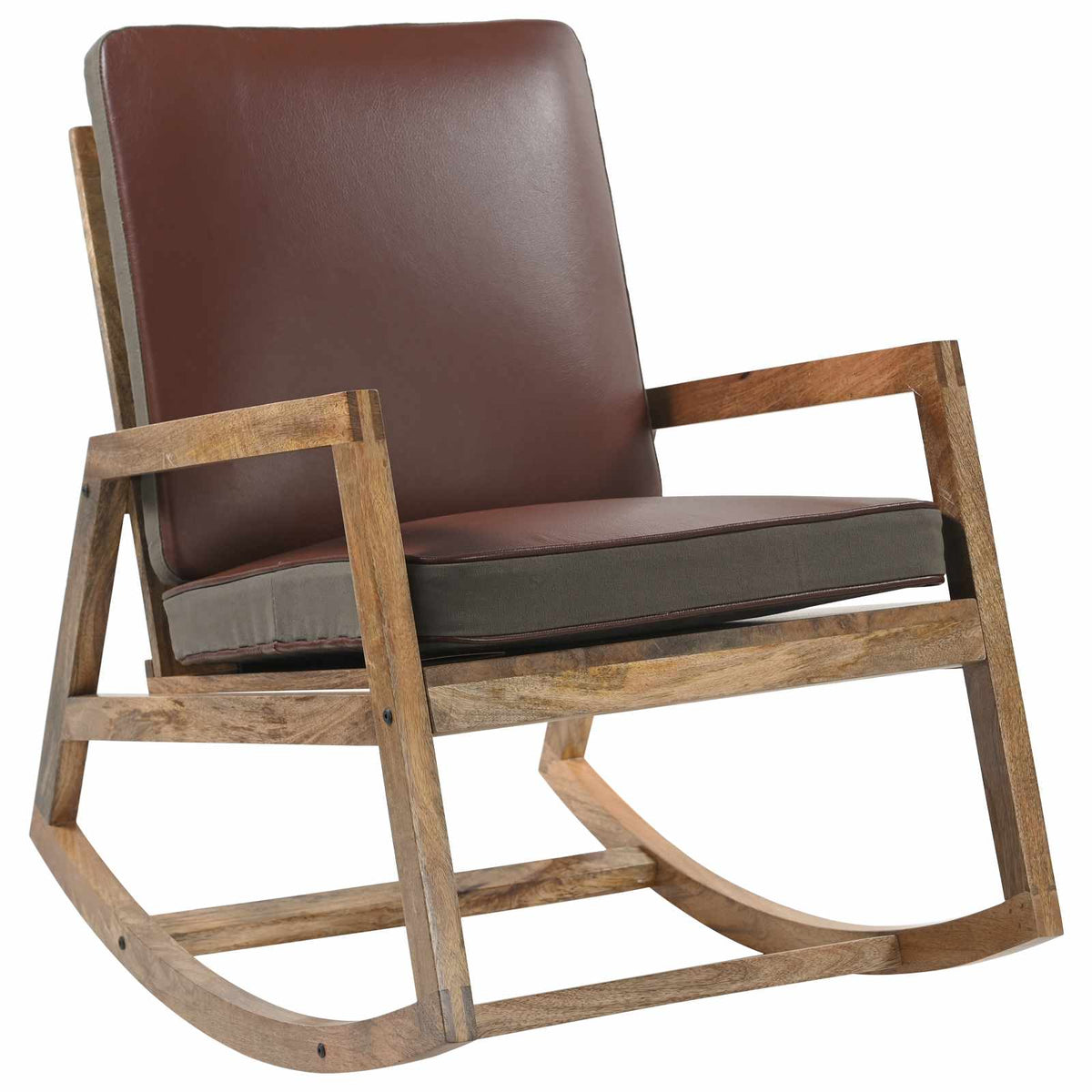 Sedia a Dondolo Marrone in Vera Pelle e Legno Massello di Mango